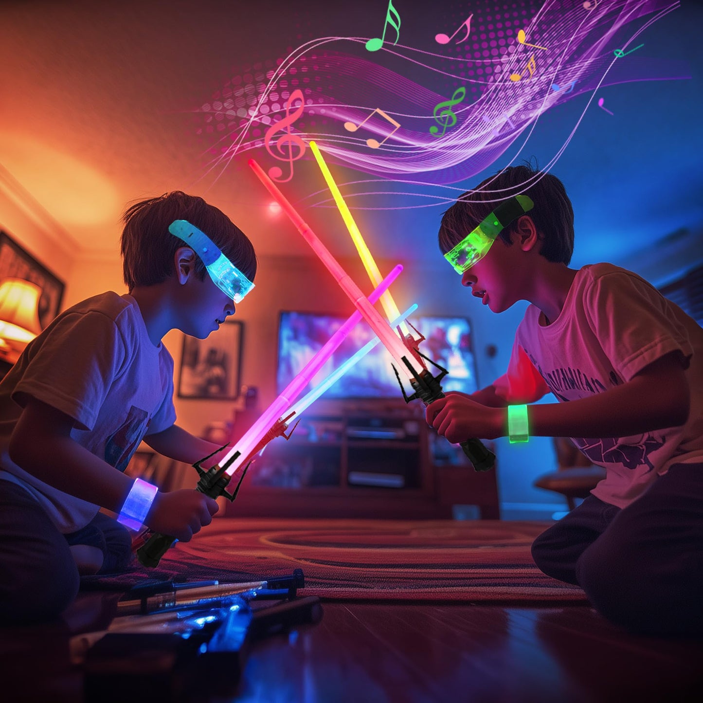 SANCO Light Up Sabers Set for Kids — 4 Pack, 7 Colors, Retractable Swords + LED Glasses & Wristbands