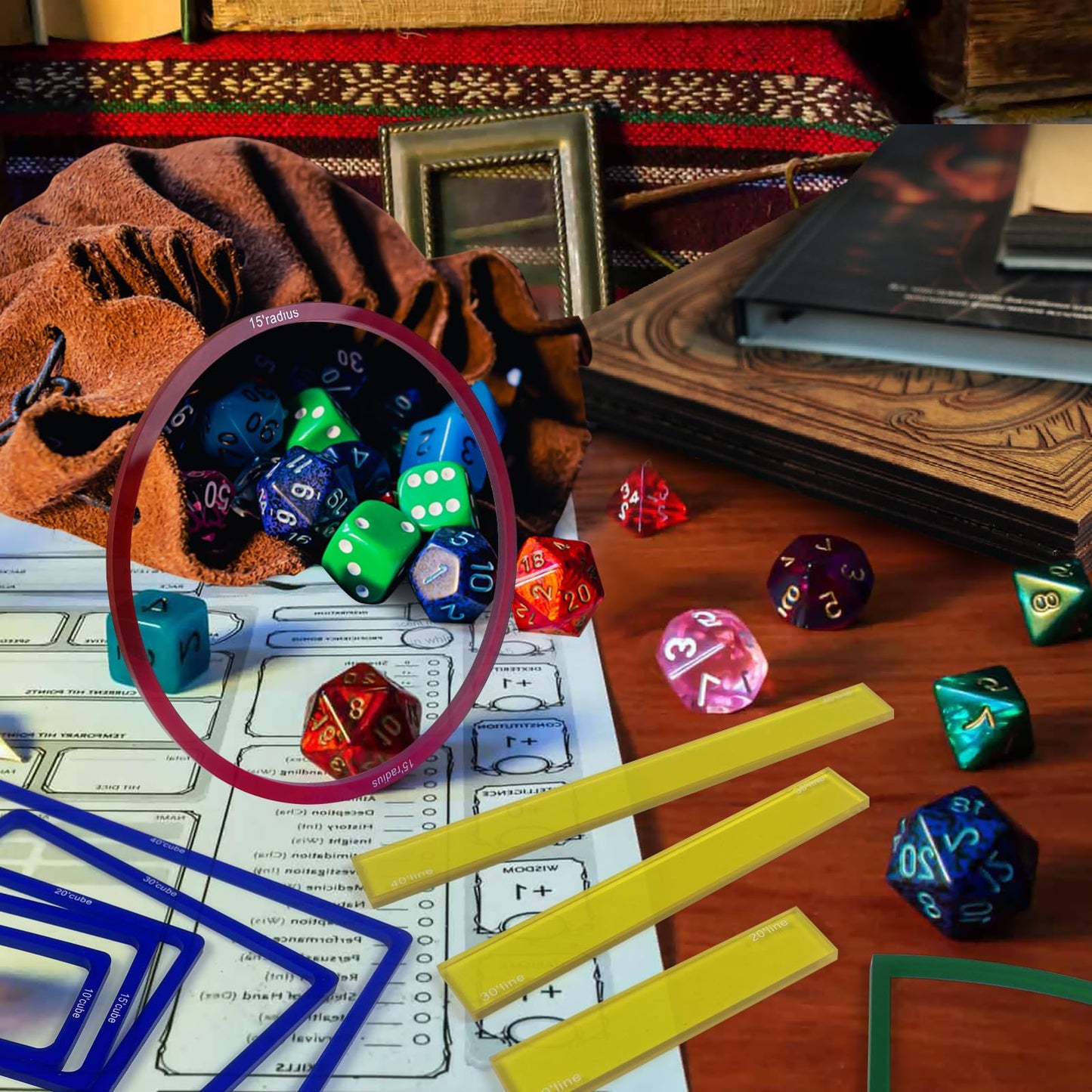 SANKOYO 15-Piece Area of Effect Spell Templates for DND | Acrylic AOE Template Set (Cube Circle Cone Line)
