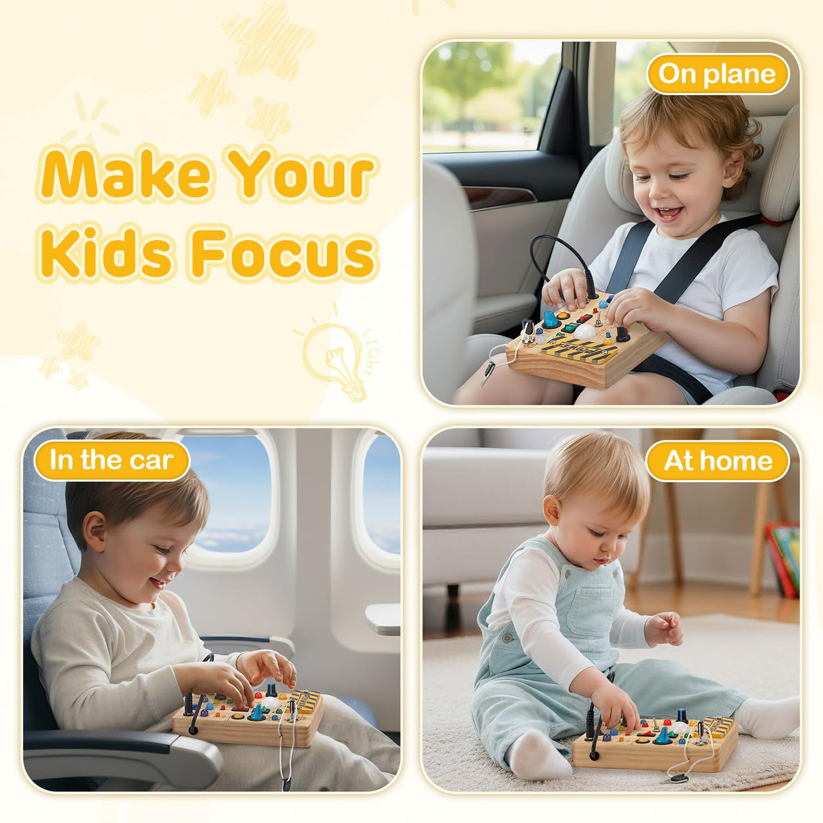 Sanlebi LED Busy Board for Toddlers 1-3 | Montessori Sensory Wood Activity Toy