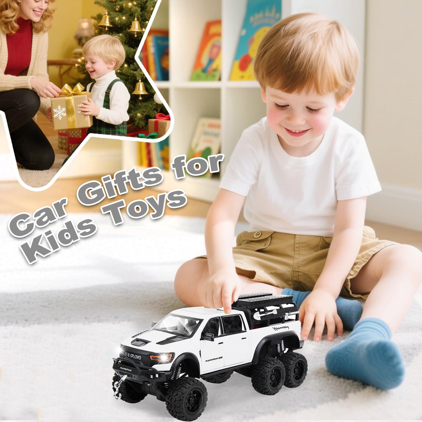 SASBSC 6X6 Toy Pickup Trucks – 1/24 Diecast Metal Cars with Light & Sound for Ages 3+ (White)