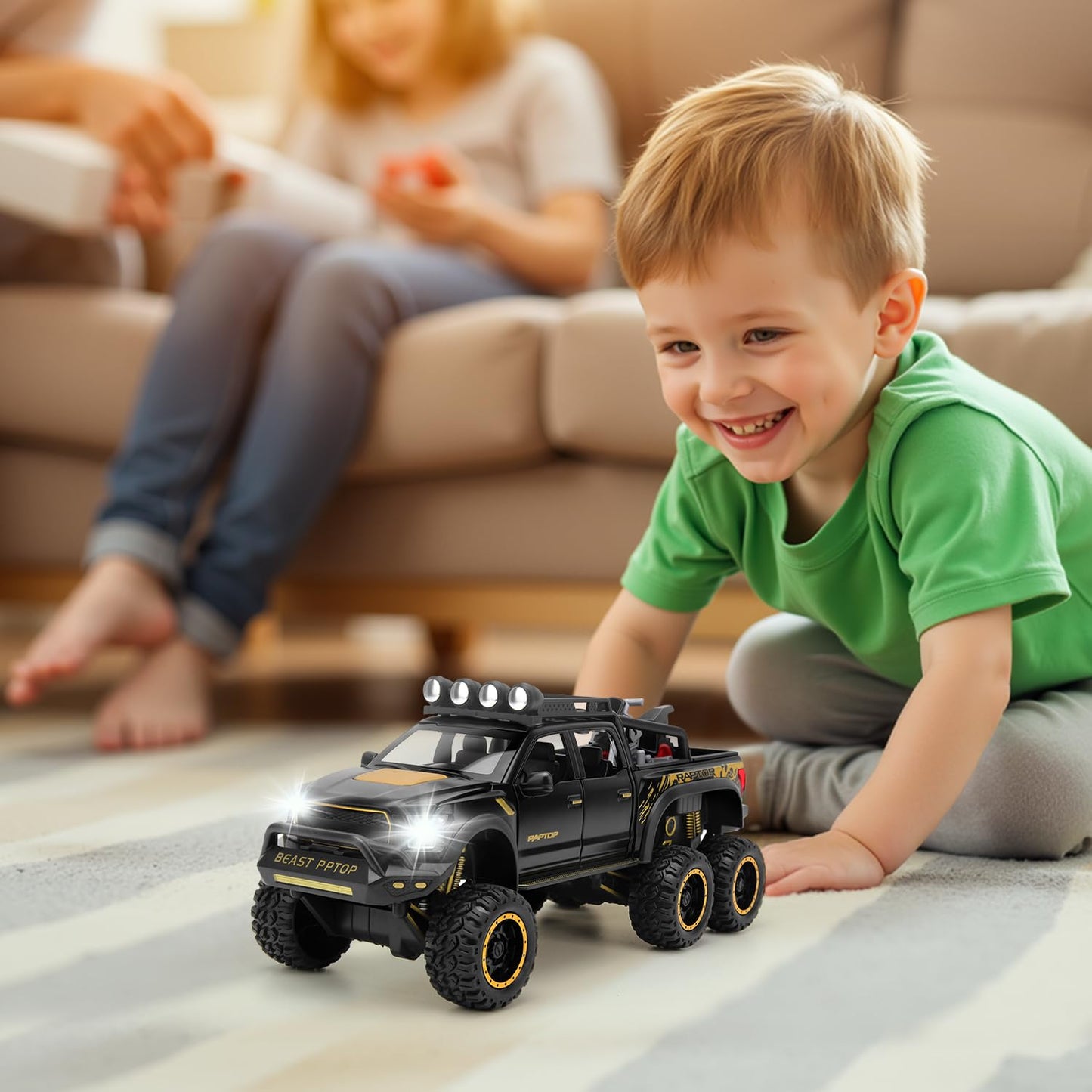 SASBSC Toy Trucks Pickup - 1:24 Diecast with Sound and Light - Pull-Back Toys for Kids 3-13