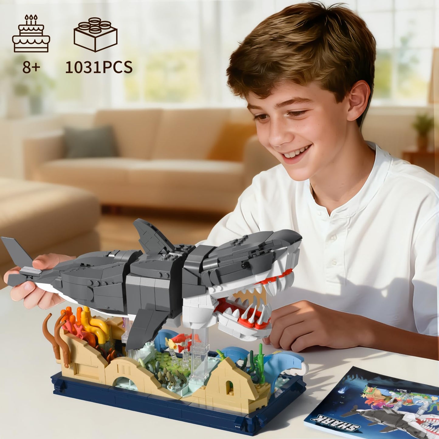 SATHIBI Mechanical Shark Building Set – 1031 Pcs with Stand for Adults & Teens