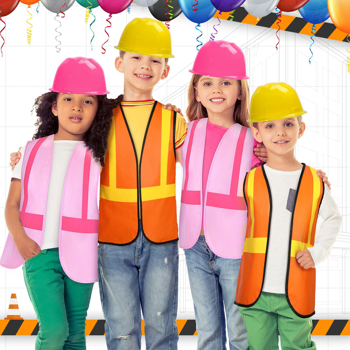 SATINIOR 24 Pcs Construction Party Set — Kids Hat & Vest Dress-Up (Orange & Pink)