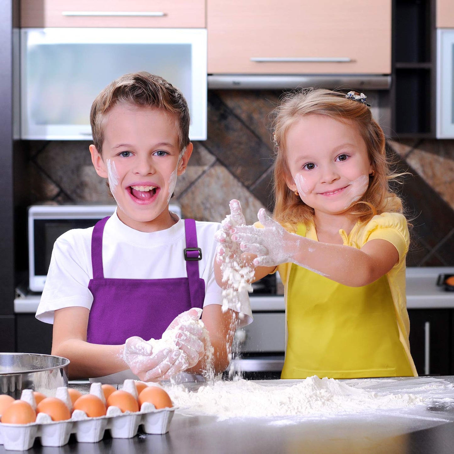 SATINIOR 12-Piece Kids Apron Set | Adjustable, Front Pocket, Multi-Color (Ages 2-13)