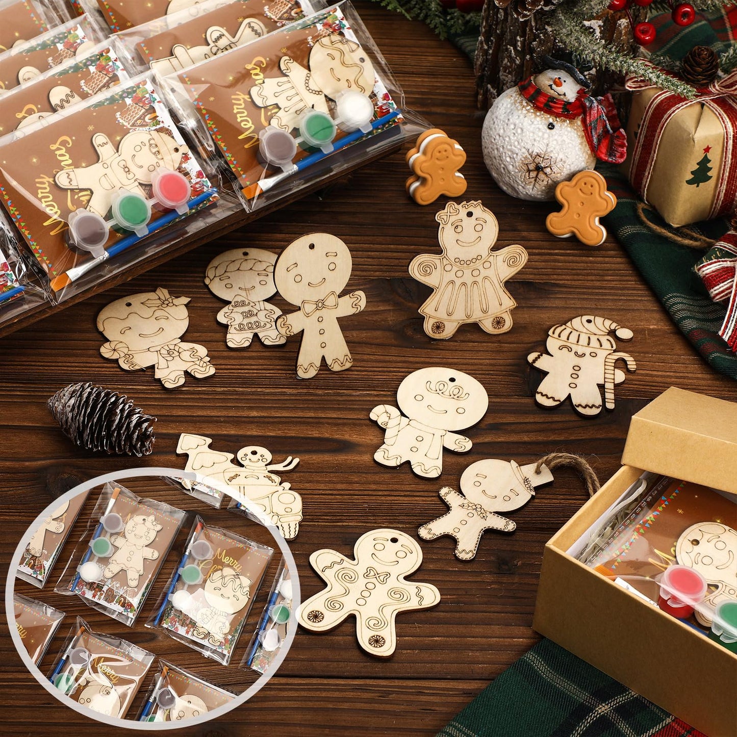 Saypacck 24 Pcs Christmas Gingerbread Man Wooden Painting Craft Kit – DIY Ornaments & Party Favors