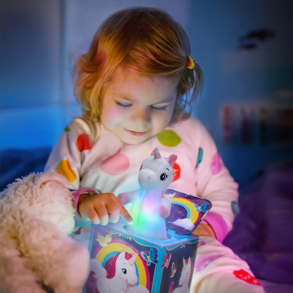 Schylling Pop & Glow Unicorn Jack in the Box – Classic Toy with Rainbow Light Show