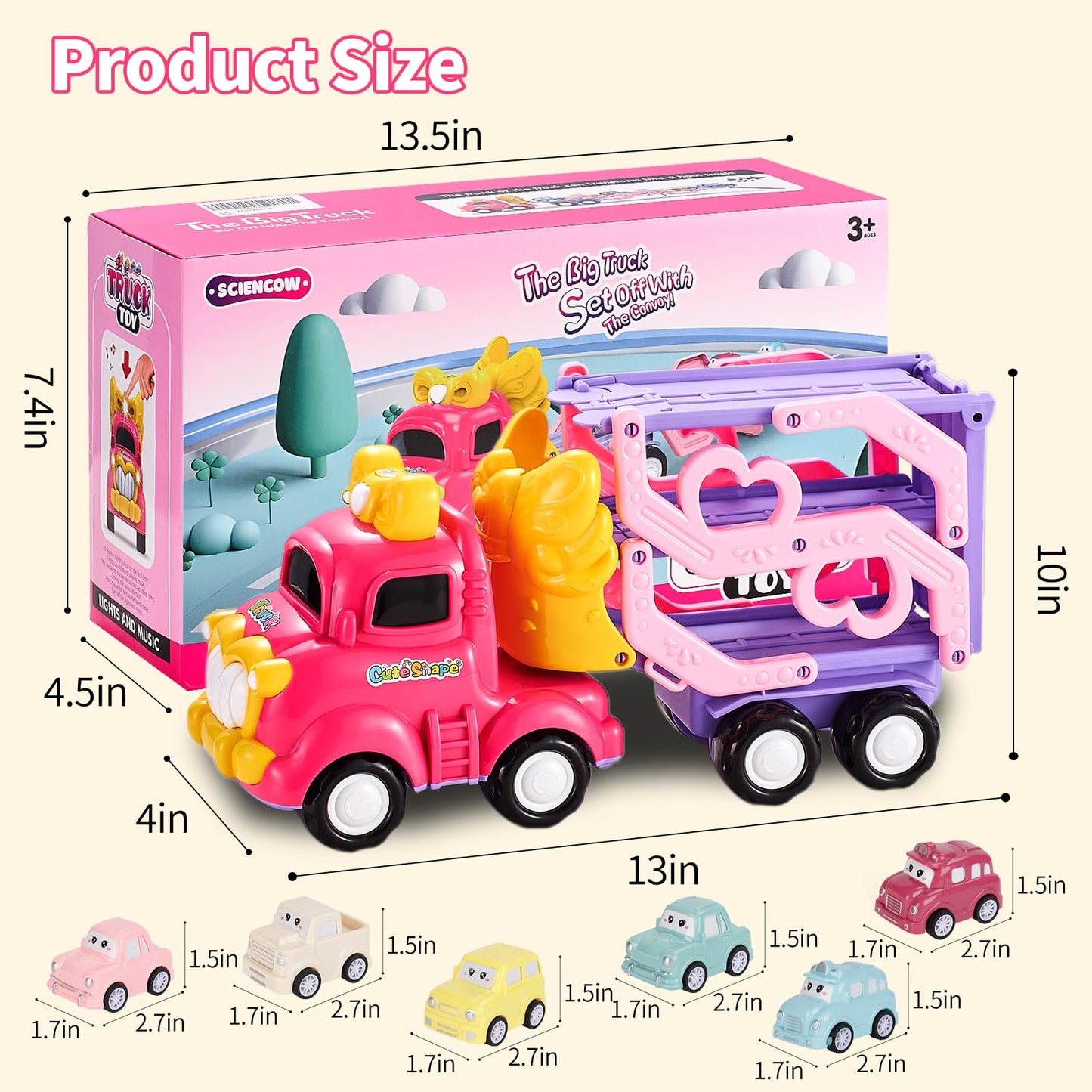 Sciencow 7-in-1 Pink Princess Toddler Cars Set – Foldable Transport Truck with Lights & Music