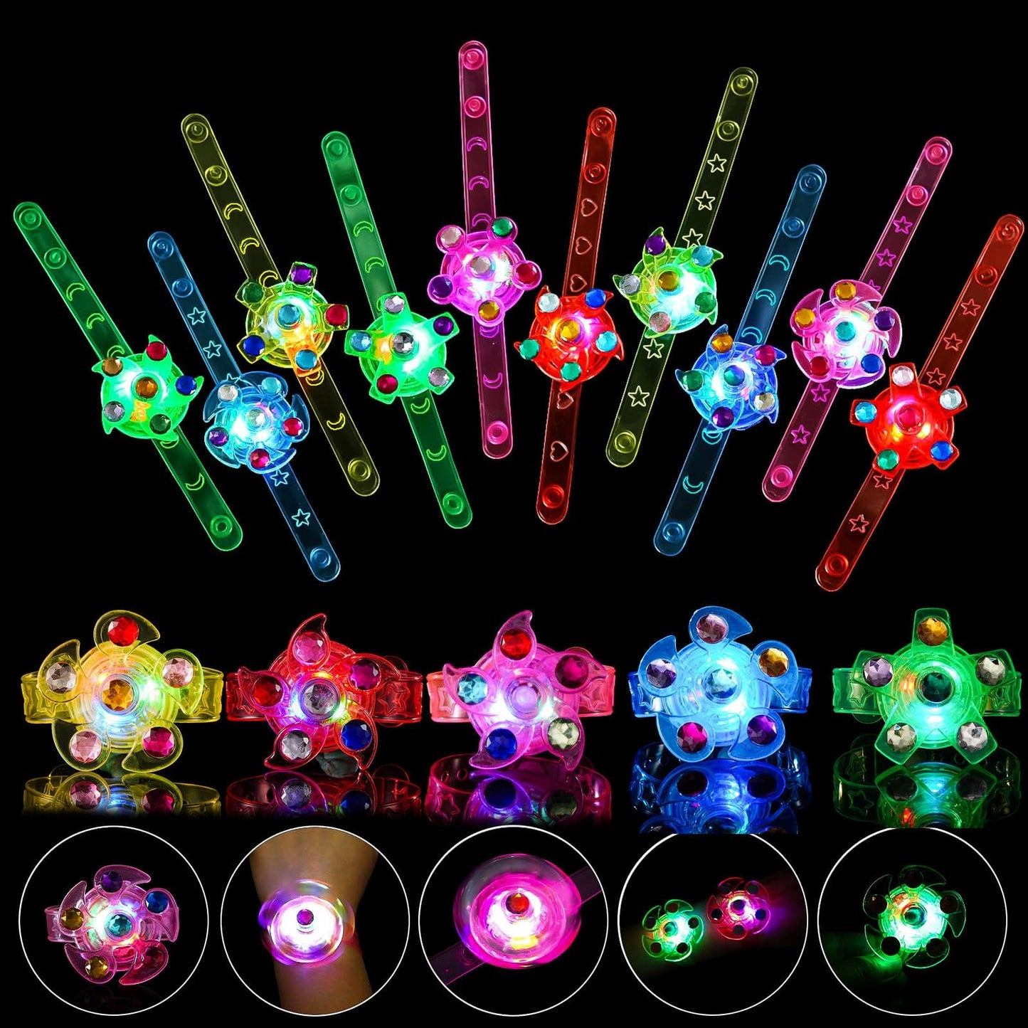 SCIONE 48 Pack LED Light Up Fidget Spinner Bracelets – Glow-in-the-Dark Valentines Party Favors for Kids
