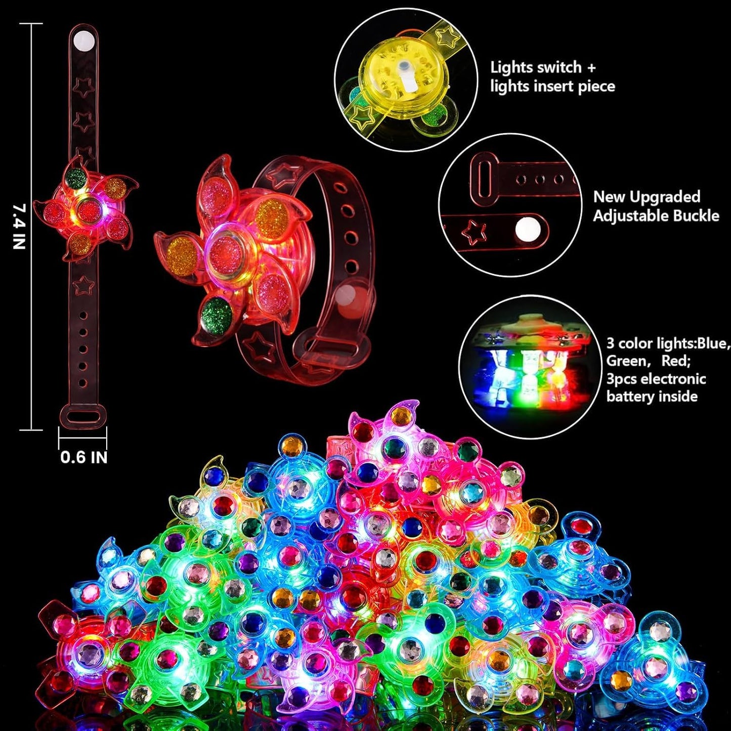 SCIONE 24 Pack LED Light Up Fidget Spinner Bracelets - Glow Party Favors for Kids