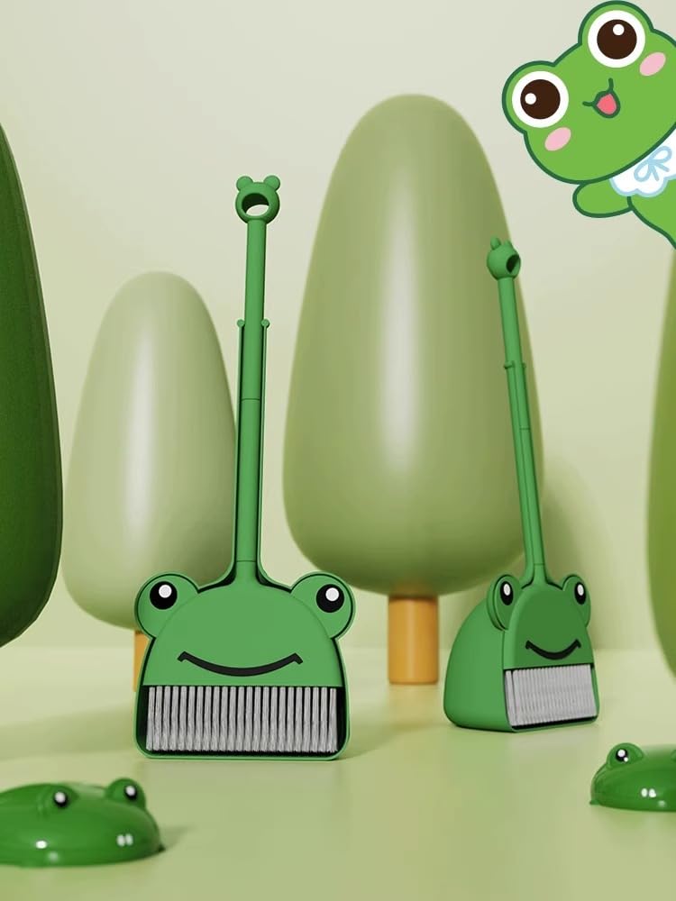 SCKTYZS Mini Broom with Dustpan – Frog Green Kids Cleaning Set for Toddlers