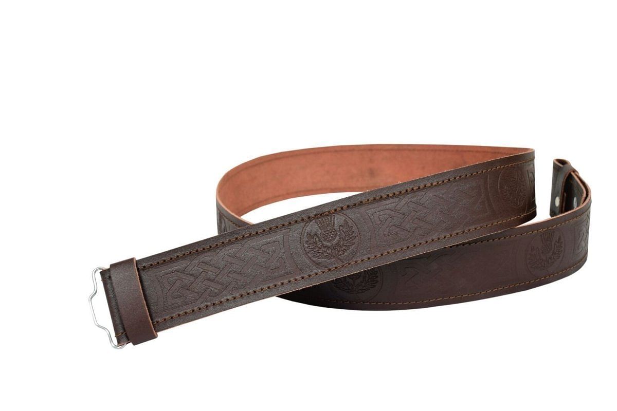 Scottish Brown Leather Belt Masonic,Thistle,Lion Rampart, Celtic & Plain Kilt Belts