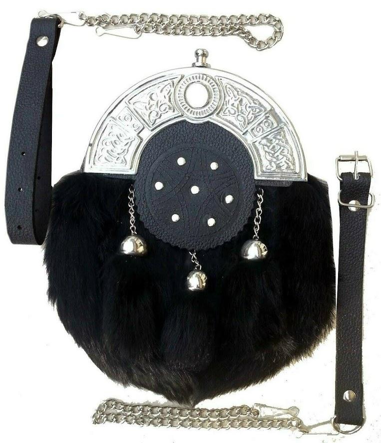Scottish Men Kilt Sporrans Black Rabbit Fur Celtic Cantle Masonic Badge