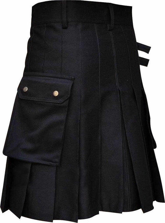 Scottish Men's Black Utility Kilt Black Cotton Fabric Wedding Kilt