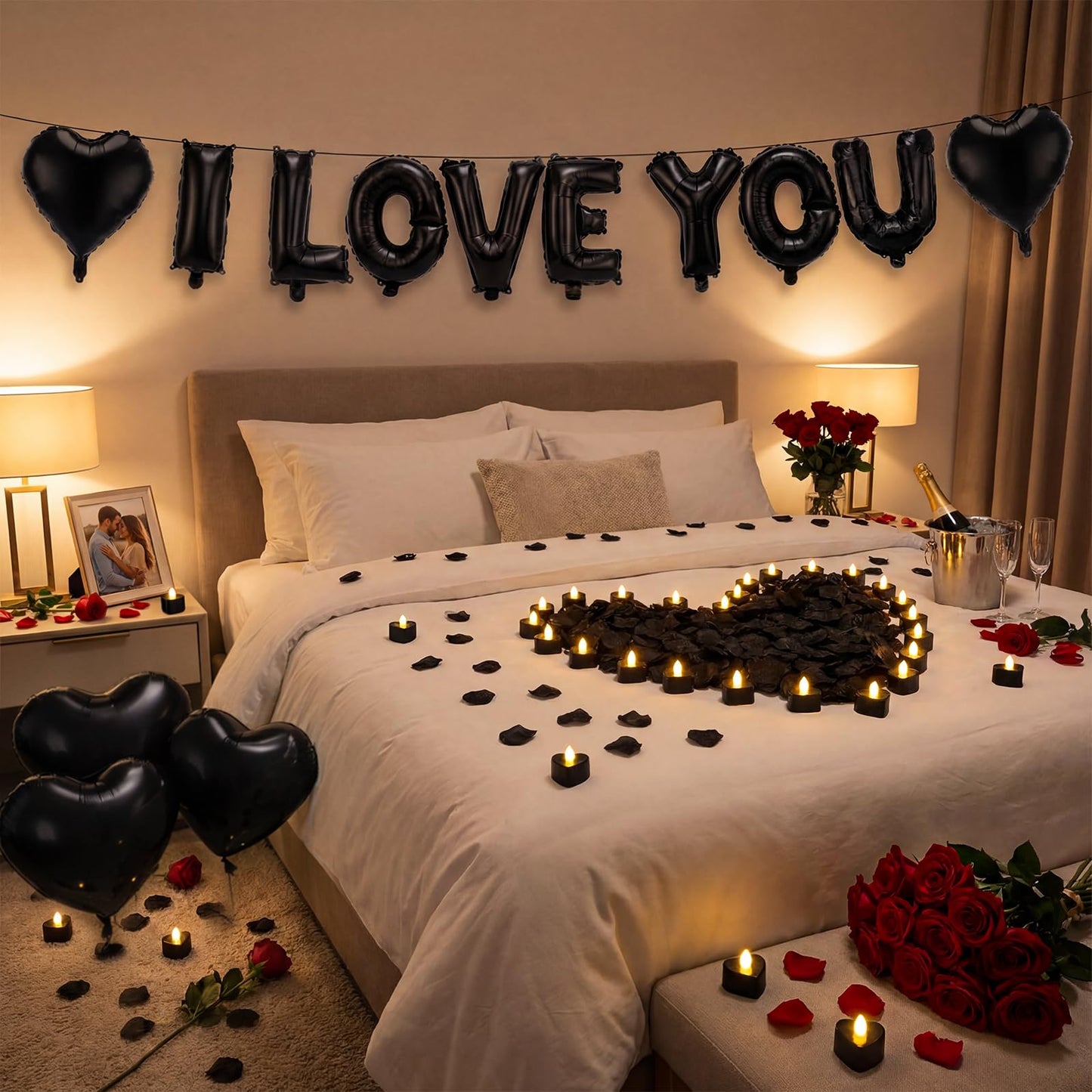 Seematn Black Valentines Day Balloons Kit – I Love You Banner, Heart Balloons & Rose Petals