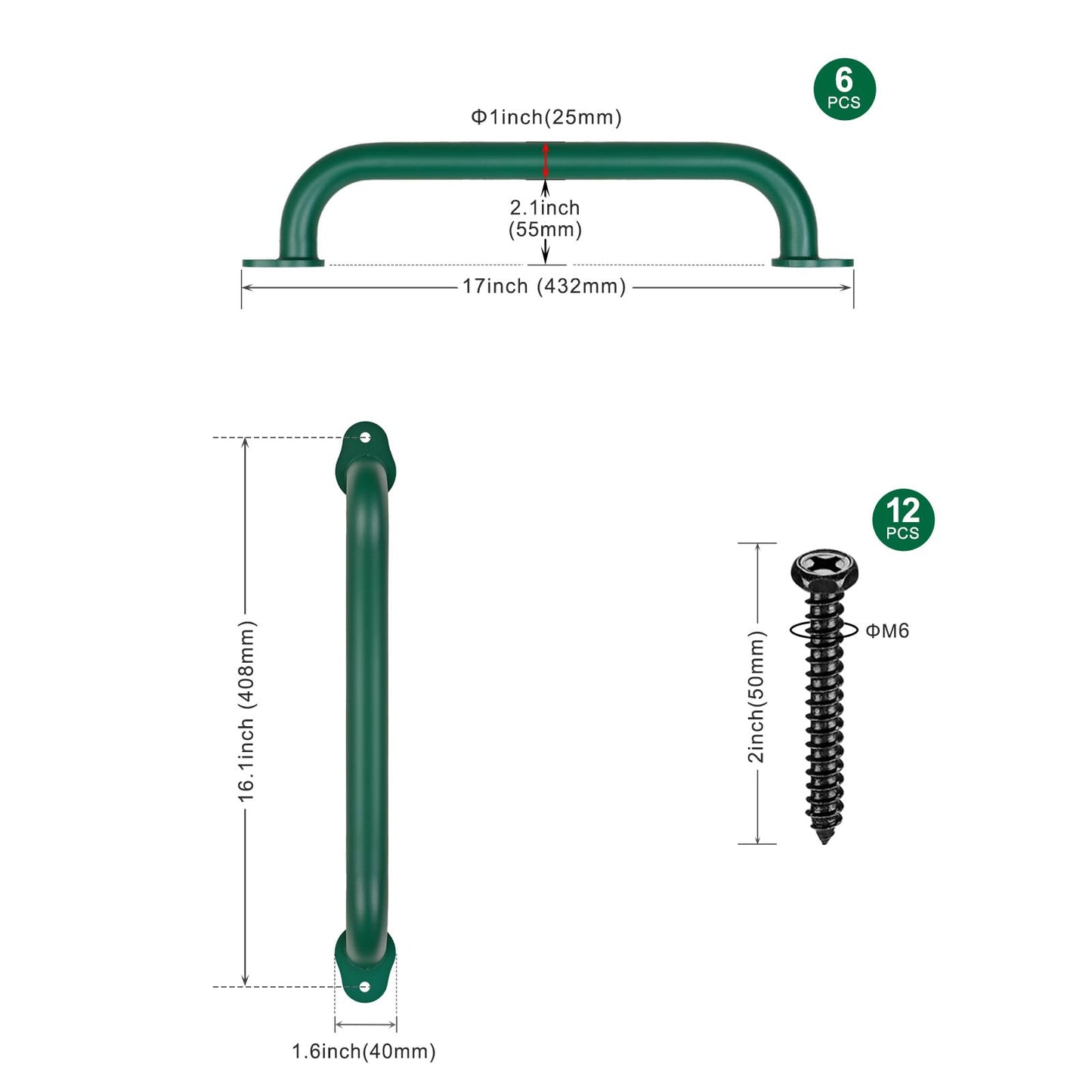 SELEWARE 6-Pack 17-Inch Green Playground Safety Handles | Heavy-Duty Non-Slip Grab Bars for Indoor/Outdoor Play