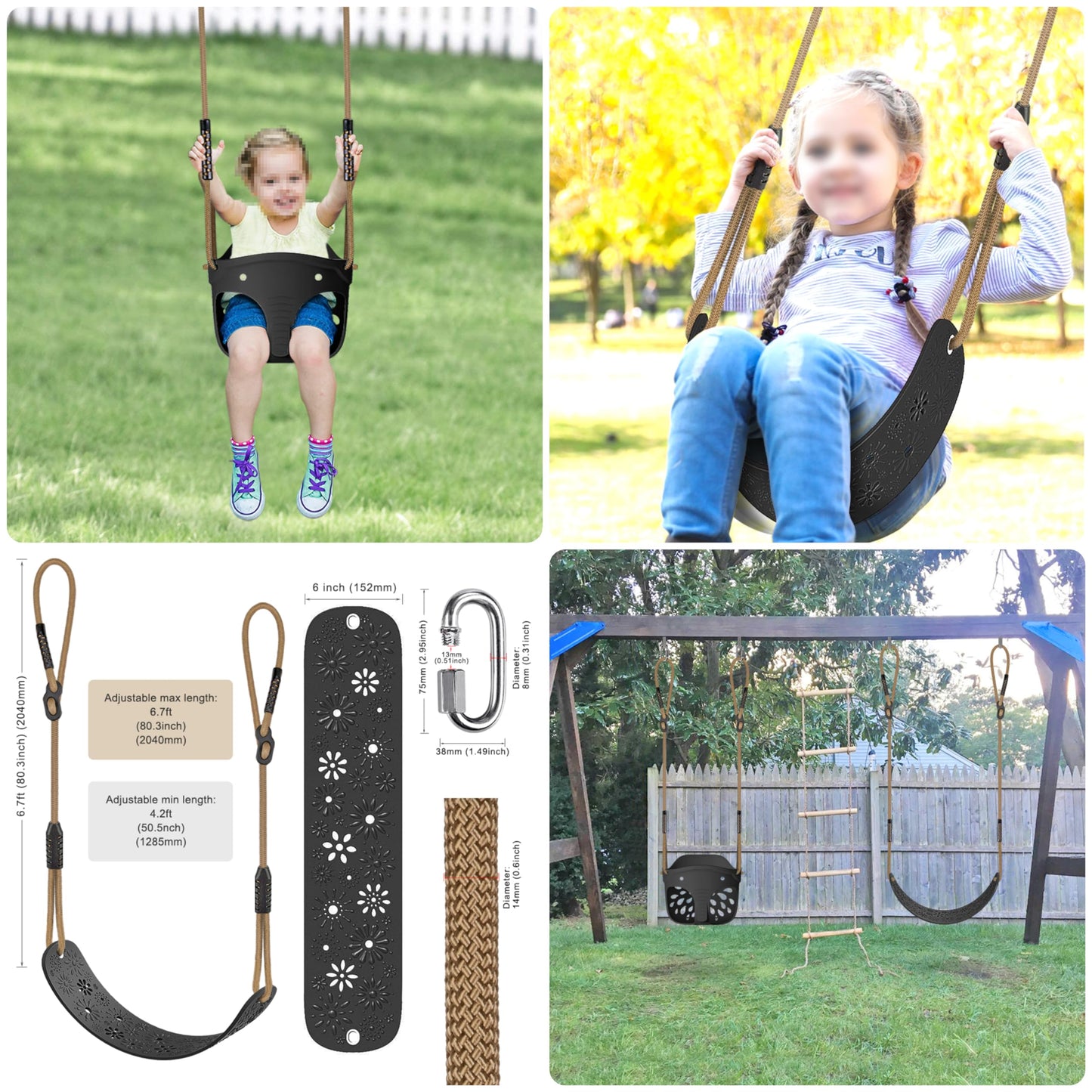 SELEWARE Toddler Swing Seat 2-Pack – High Back Buckets, Adjustable Rope & 4 Carabiners, Elephant Design
