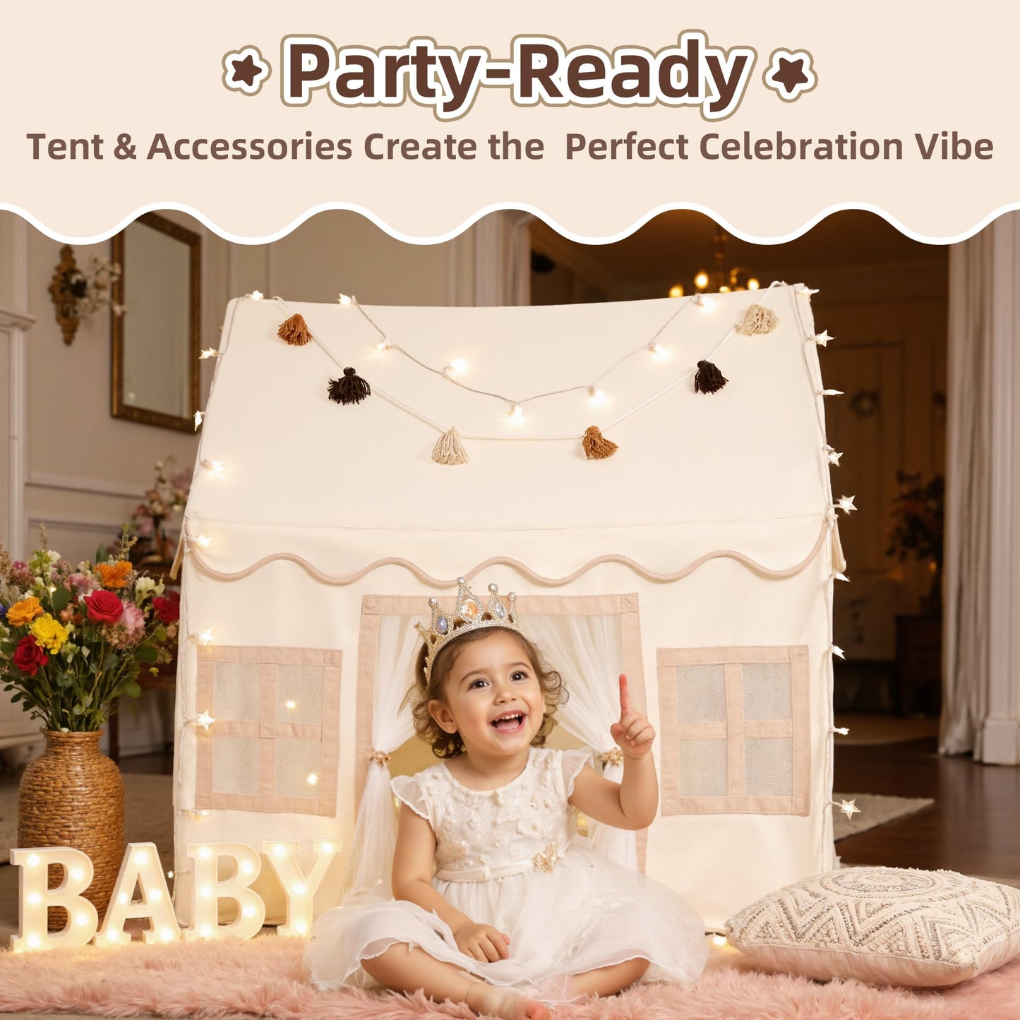 Senodeer Kids Indoor Play Tent with Mat, Tassel Garland & Star Lights
