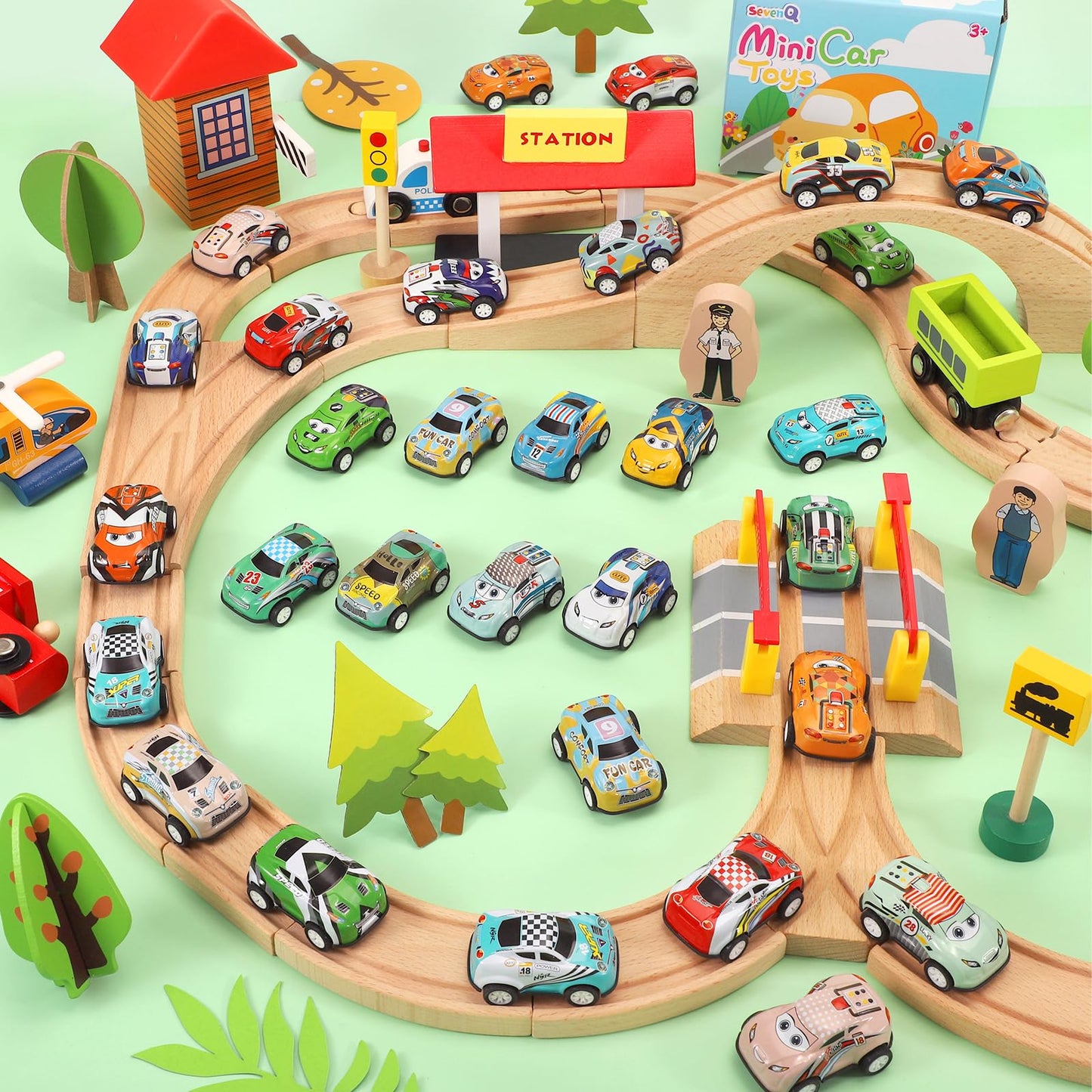 SevenQ 30-Piece Pull Back Cars Playset for Kids 4-8 with Storage Bags