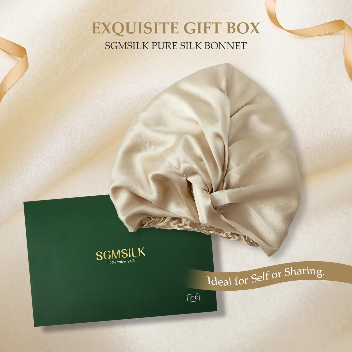 SGMSILK Silk Bonnet for Sleeping Women – 100% Mulberry Silk Sleep Cap with Elastic Band | Champagne