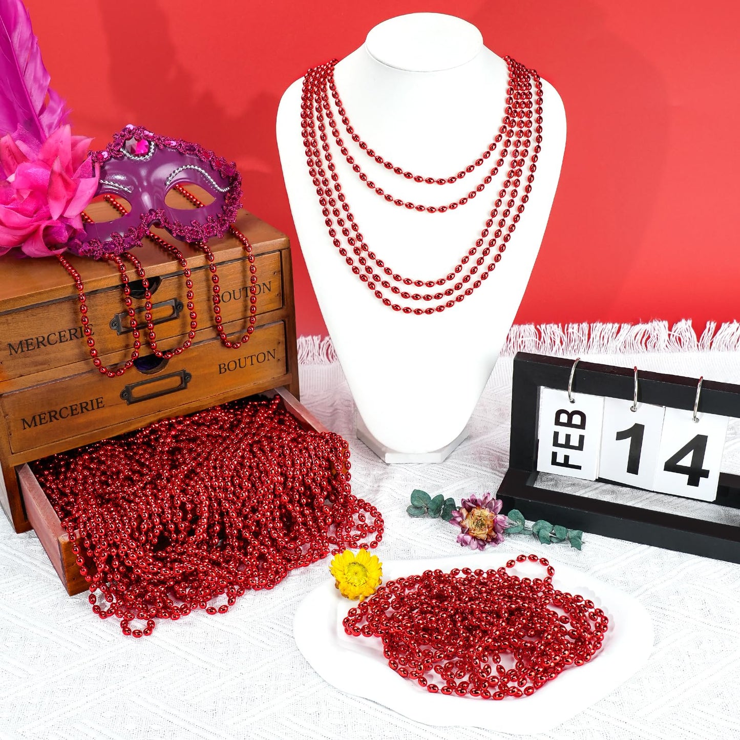 SHAOQINLIN 100 Pcs Red Mardi Gras Beads - 30.5-Inch Oval Beads Necklaces for Parties, Weddings, Holidays
