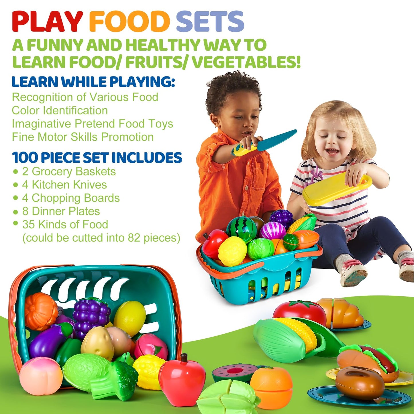 Shemira 100-Piece Cutting Play Food Set for Kids – Pretend Kitchen Toys with 2 Baskets