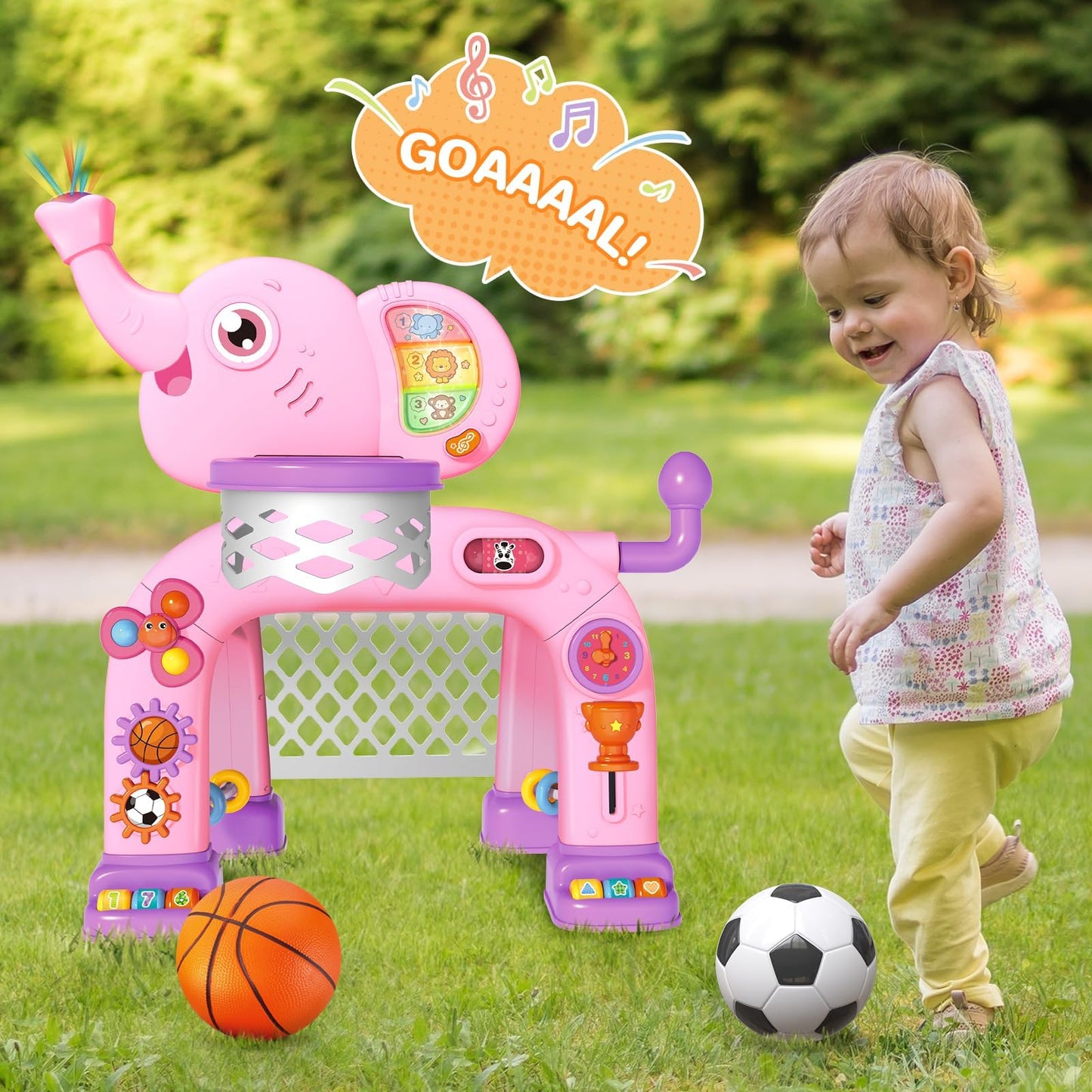 Shemira Elephant Toddler 2-in-1 Basketball Hoop & Soccer Goal – Lights & Music