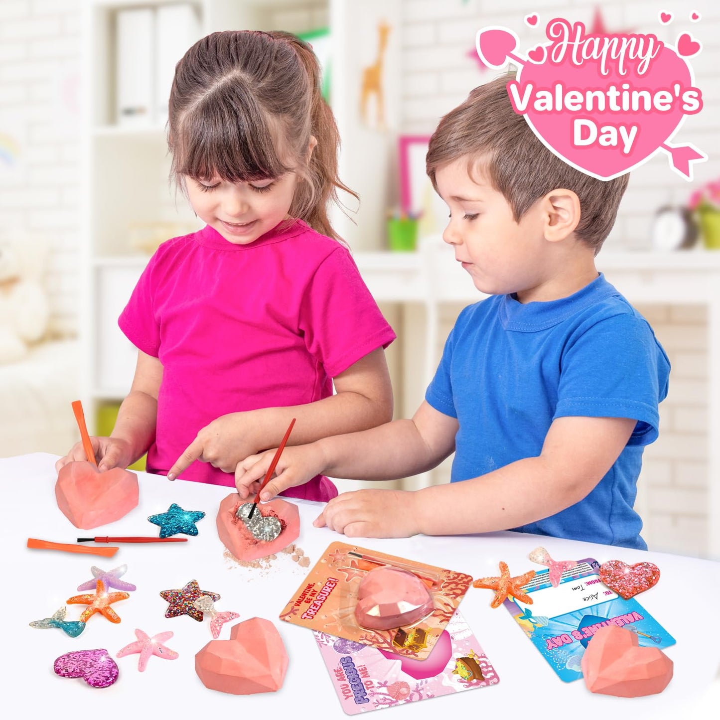 Shemira 24-Pack Valentine Cards with Plaster Digging Kits for Kids | Classroom Gift Exchange