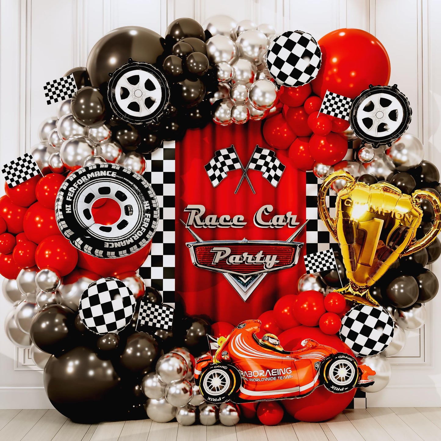 SHERYL DECOR ALL-IN-1 Race Car Balloon Arch Kit with Bonus Trophy & Number 2
