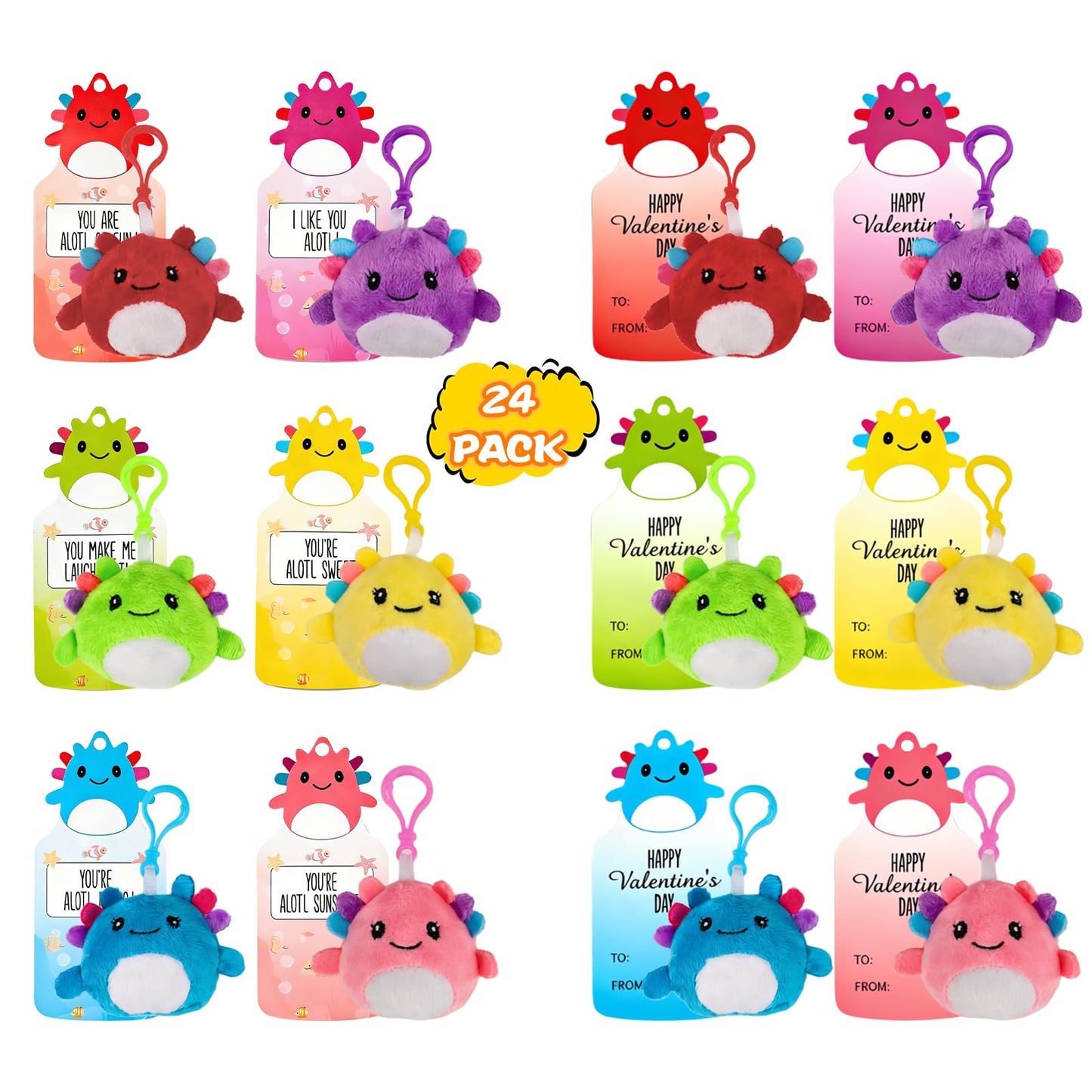 Shestal 24 Axolotl Plush Keychains with Classroom Cards – Candy-Free Valentines for Kids