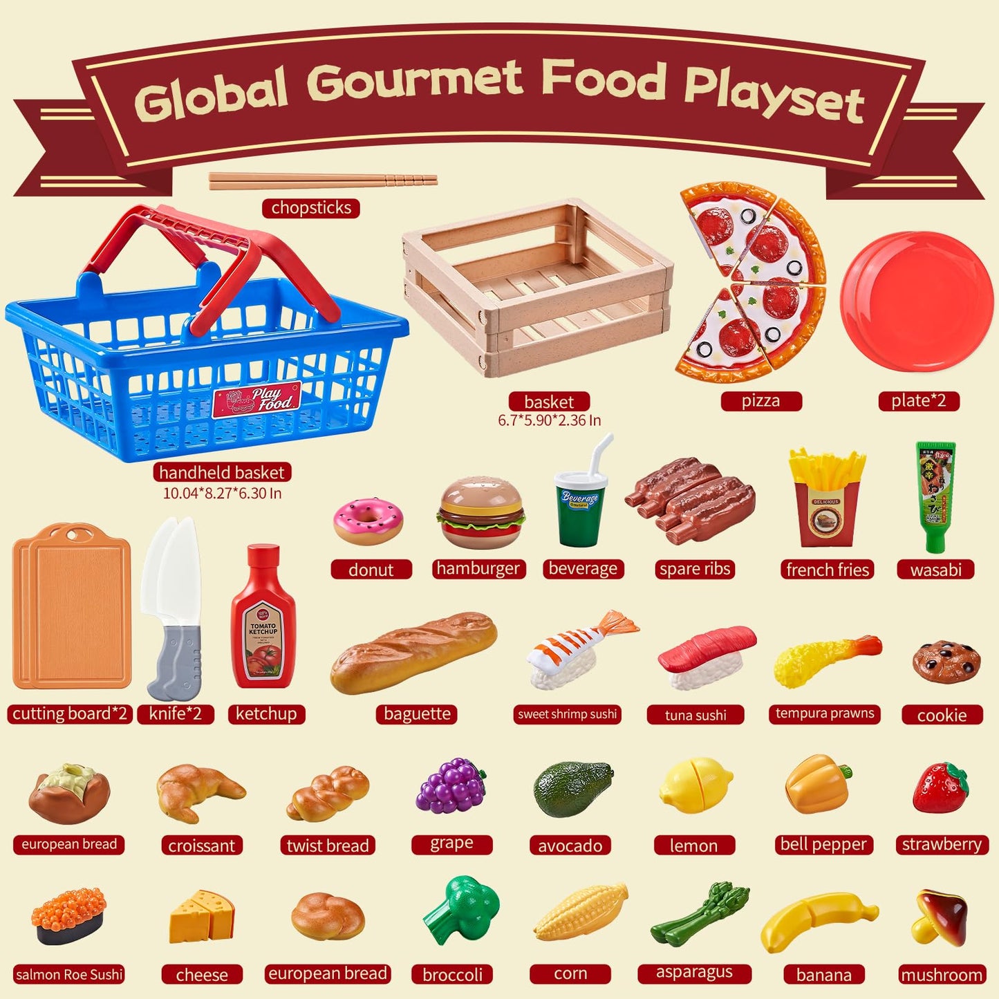 Shimfun Play Food Sets for Kids Kitchen - Global Cuisine Toddler Pretend Food with 2 Baskets
