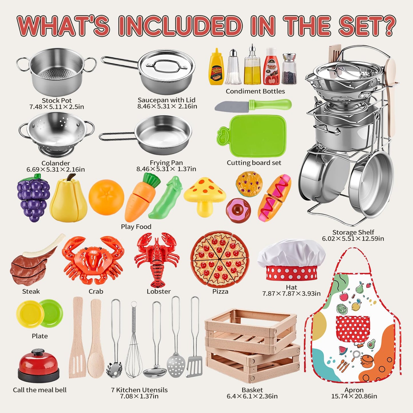Shimirth Play Kitchen Accessories - Large Stainless Steel Toddler Cooking Set (63-Piece) | Realistic Pretend Play for Kids