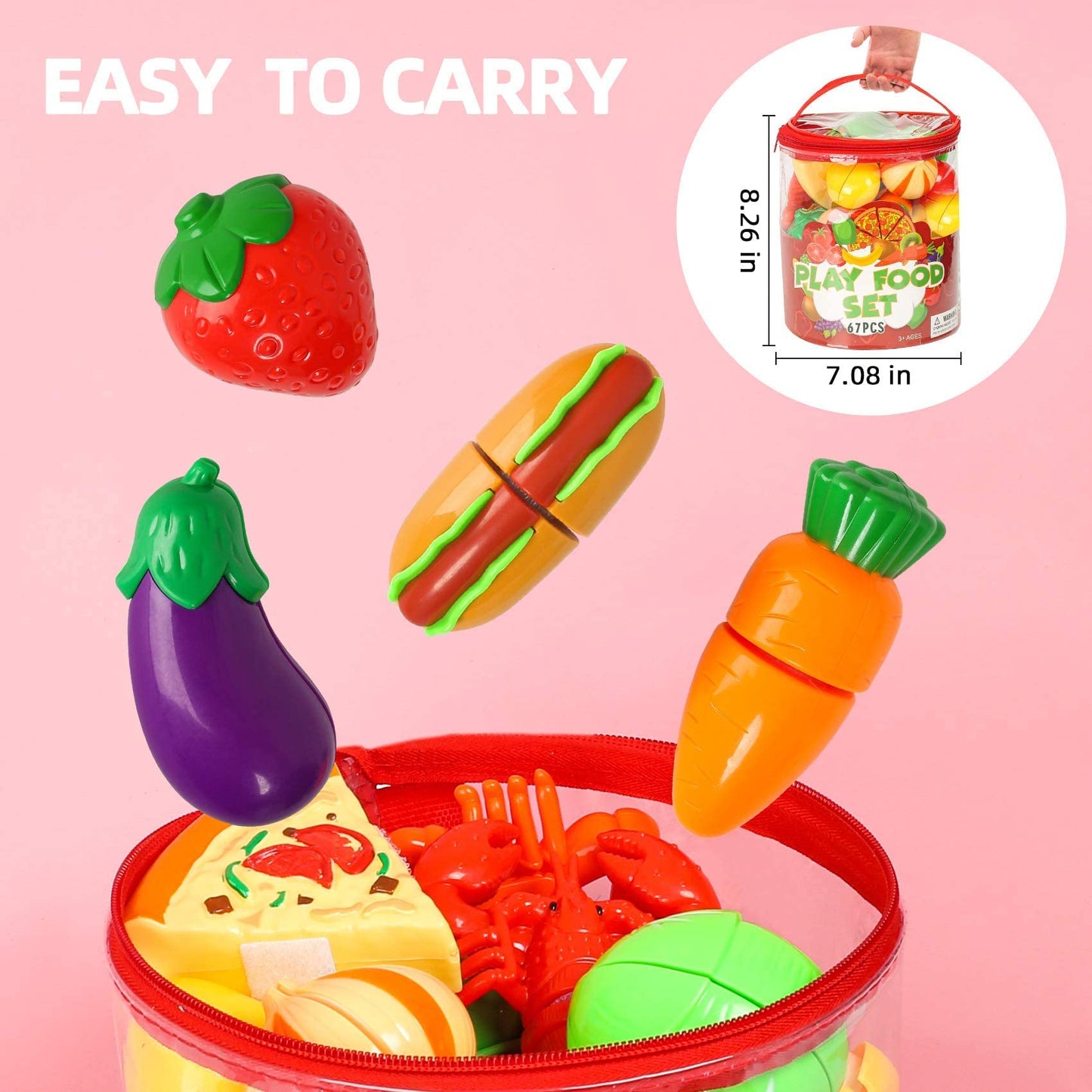 Shimirth 67pc Pretend Play Food Set for Kids – Kitchen Toys, Fruits & Veg, Pizza Toy