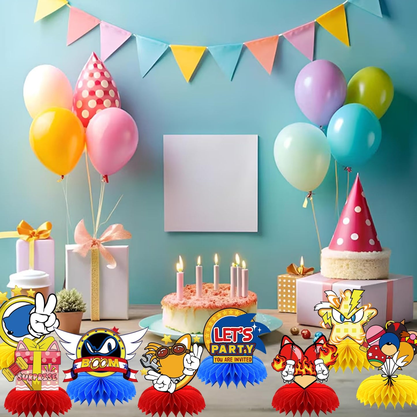 SHONHONG 8Pcs Blue Hedgehog Honeycomb Centerpieces – Double-Sided Birthday Table Decor