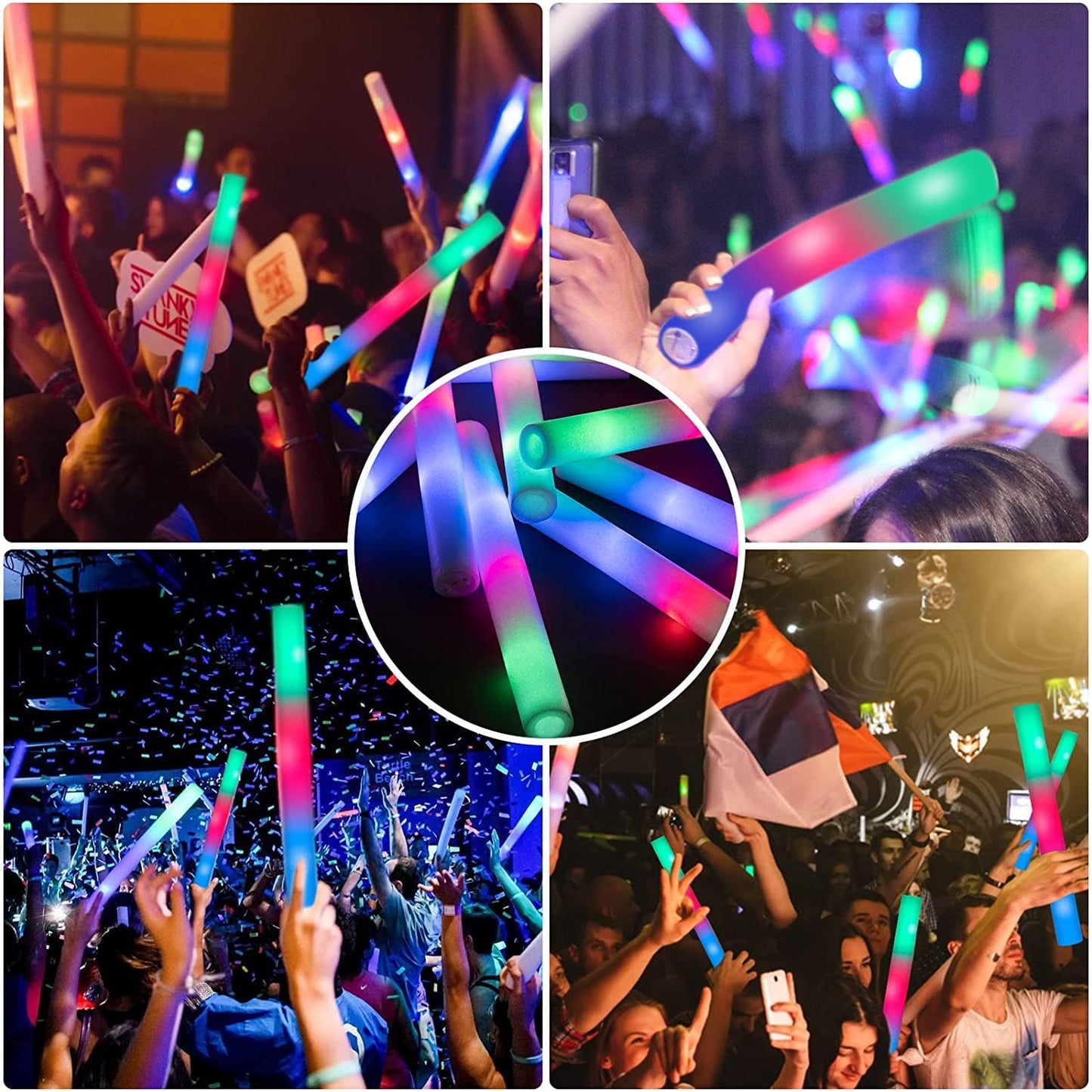 SHQDD 100PCS LED Foam Sticks - 3-Mode Colorful Glow, Glow Stick Bulk Party Pack for Weddings, Raves, Concerts