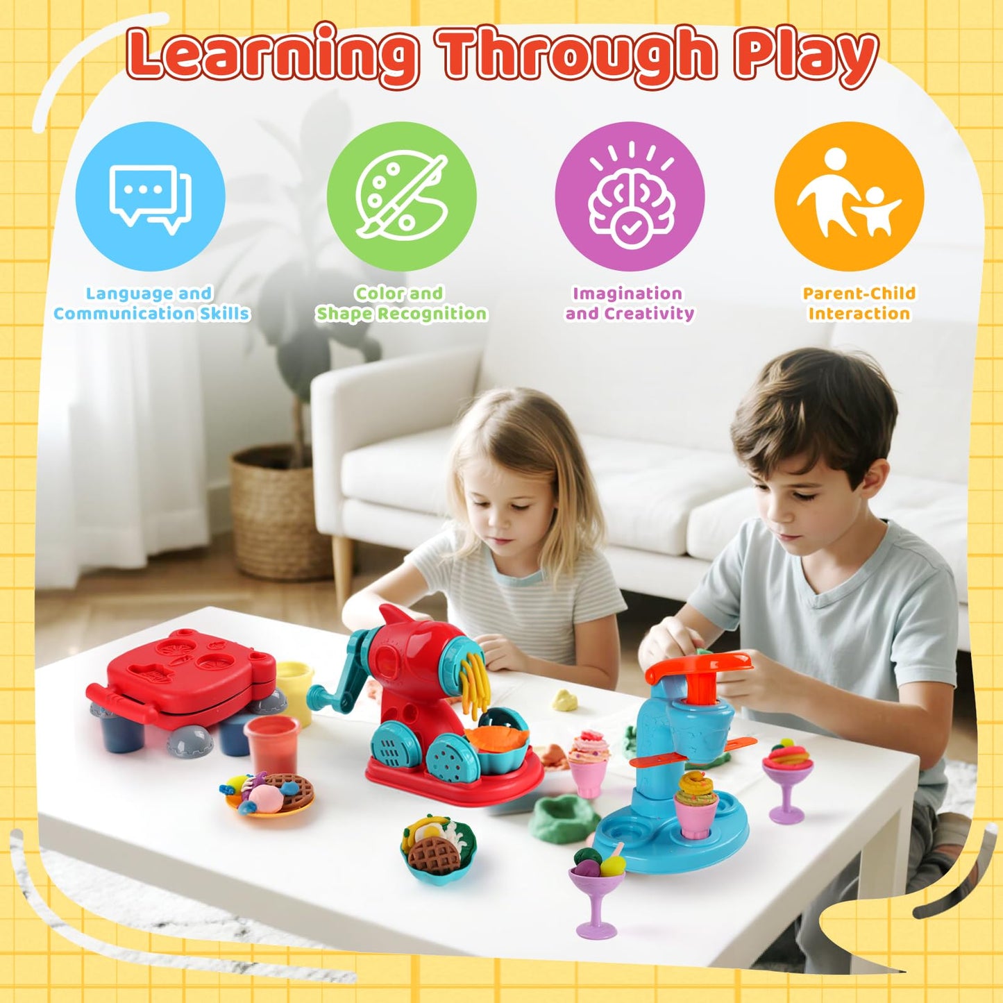 Shunshoon 3-in-1 Color Dough Kitchen Set for Kids 3-8 – 24 Colors with Ice Cream, Noodle & Hamburger Makers
