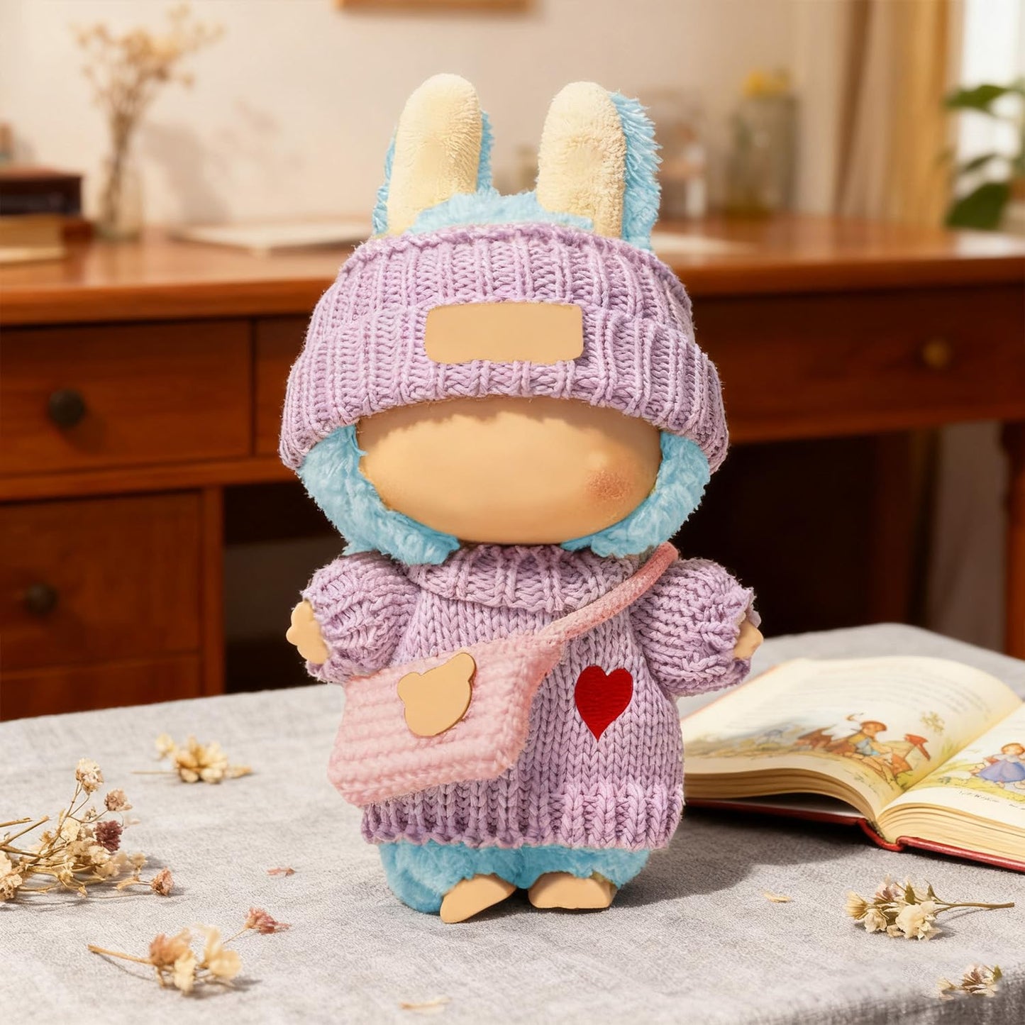 SHUOXUKE 3-Piece Crochet Doll Outfit for 17cm Dolls – Purple Sweater, Hat & Pink Bag