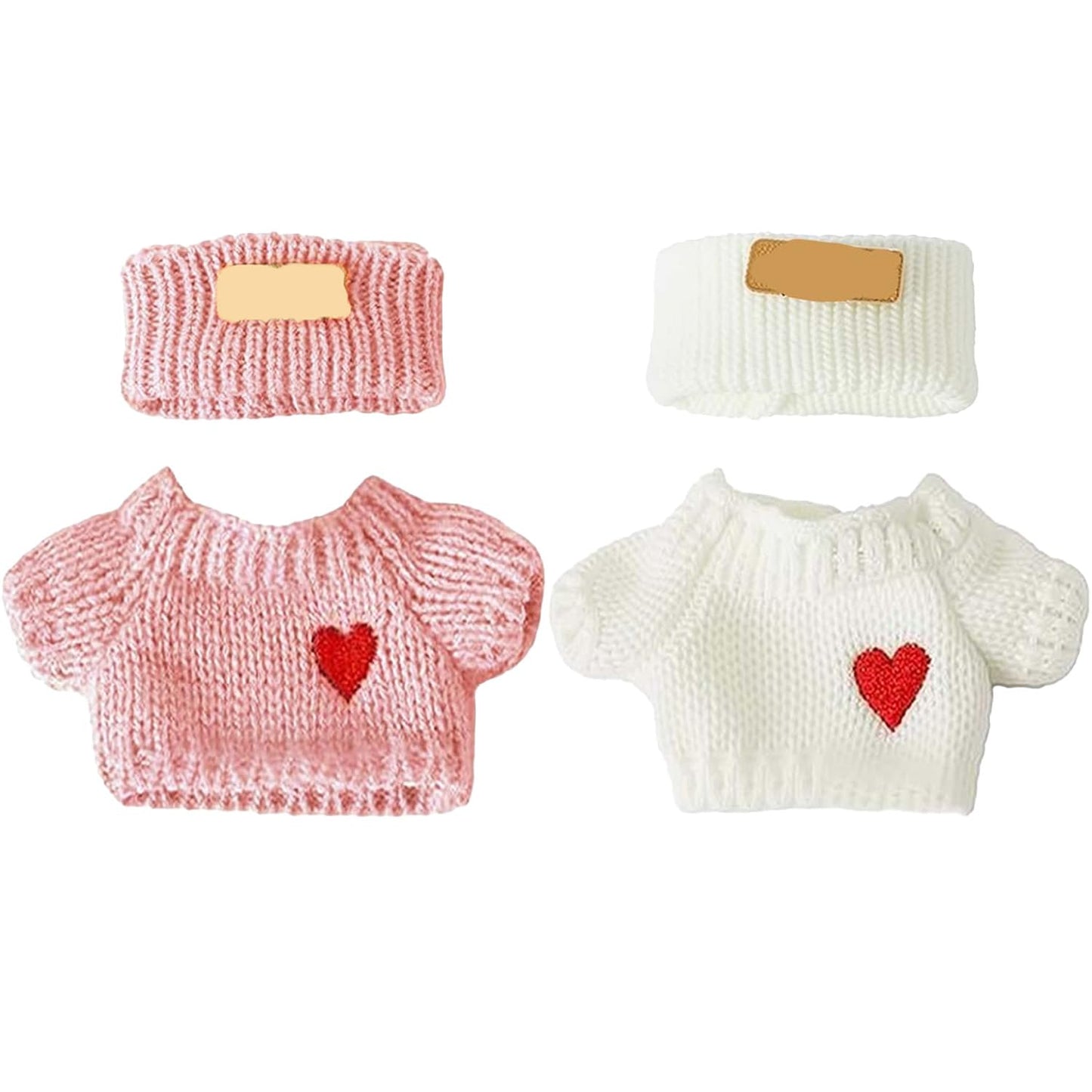 SHUOXUKE Pink & White Crochet Doll Clothes Sets for 17cm/15cm Dolls – 4-Piece Outfit Collection with Hats & Sweater