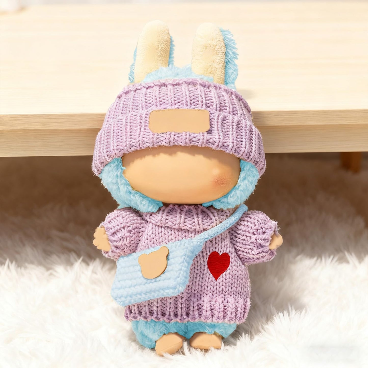 SHUOXUKE 3-Piece Crochet Doll Outfit Set for 6.7-Inch Dolls (No Doll) – Purple Sweater, Hat & Blue Bag