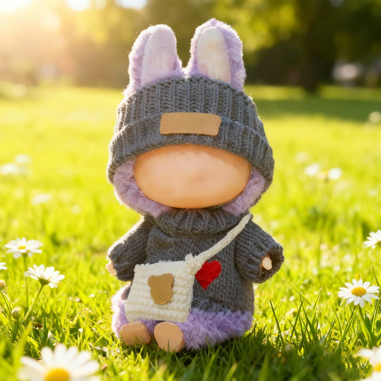 SHUOXUKE 3-Piece Crochet Doll Outfit Set for 17cm Dolls – Grey Heart Sweater, Hat & White Bag