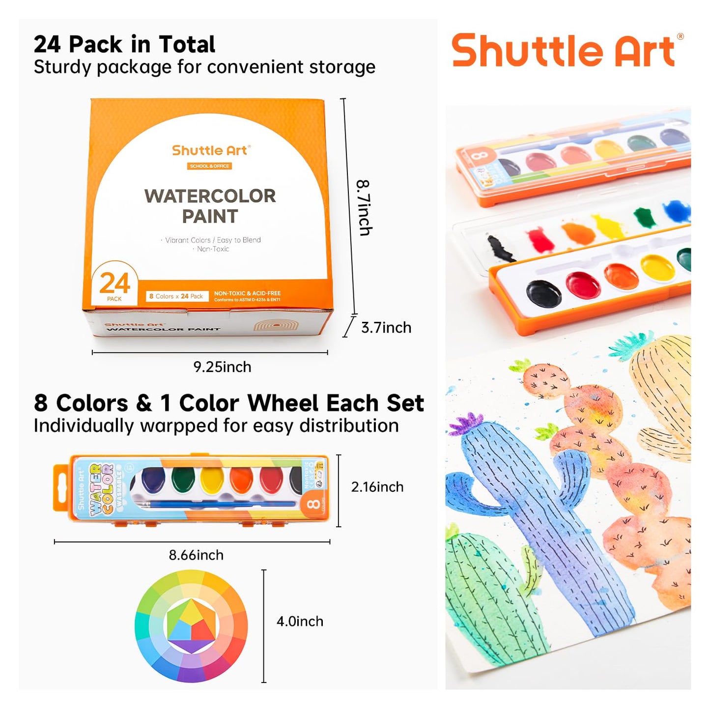 Shuttle Art 24 Pack Watercolor Paint Set with Brushes & Color Wheels – Non-Toxic & Classroom Ready