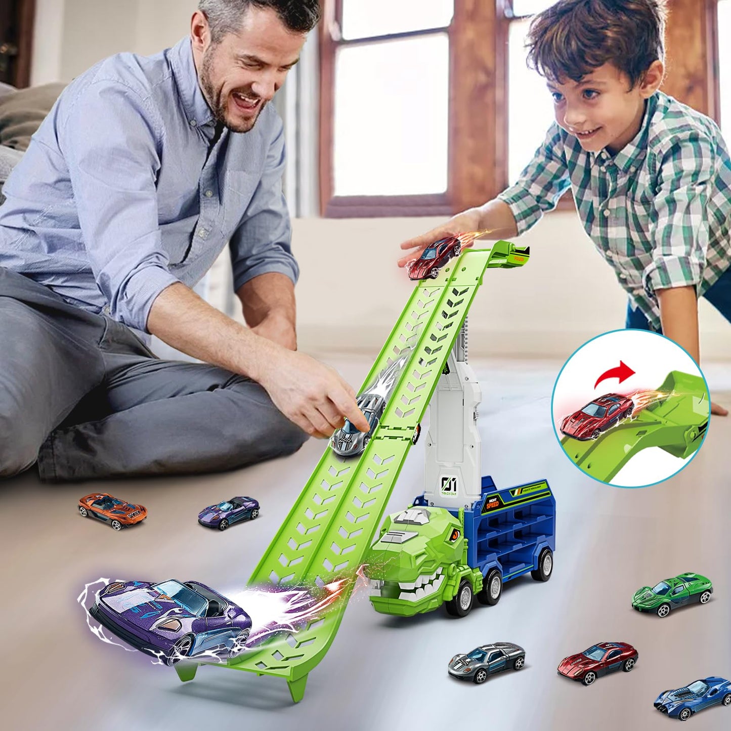 ShyLizard Dinosaur Carrier Truck with Foldable Race Tracks – 3-in-1 Toy for Ages 3-8 (Includes 6 Metal Cars)