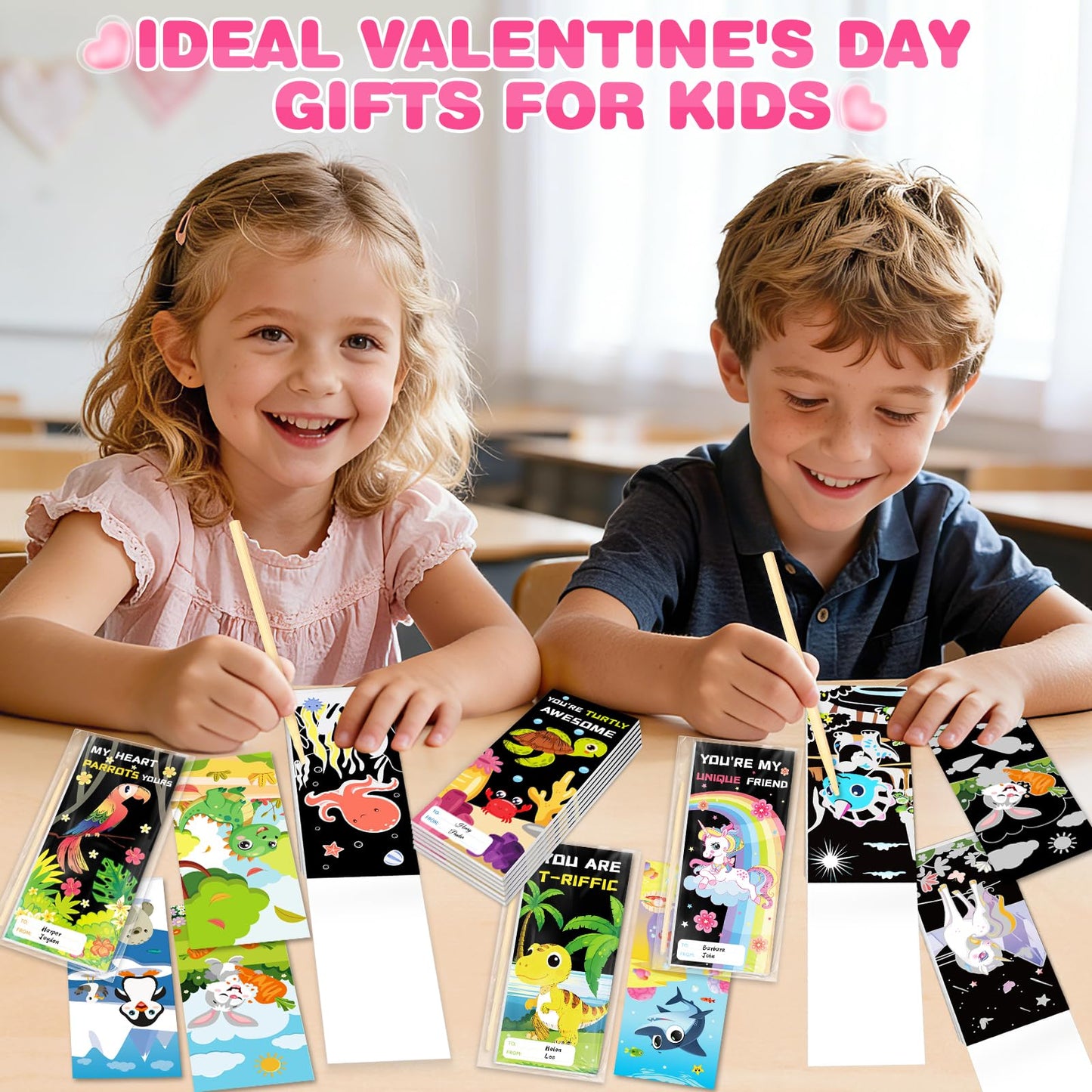 ShyLizard 24-Pack Valentines Scratch Art Kit for Kids – Rainbow Paper Set & Classroom Gifts