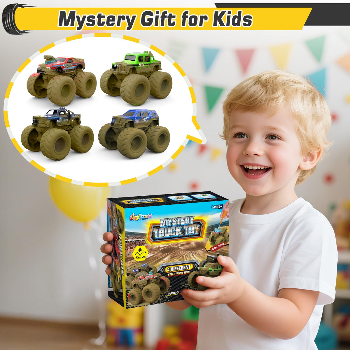 ShyLizard Monster Trucks – Wash-to-Reveal 4-Pack for Kids Aged 3-8 | Durable, Safe, Mess-Free Play