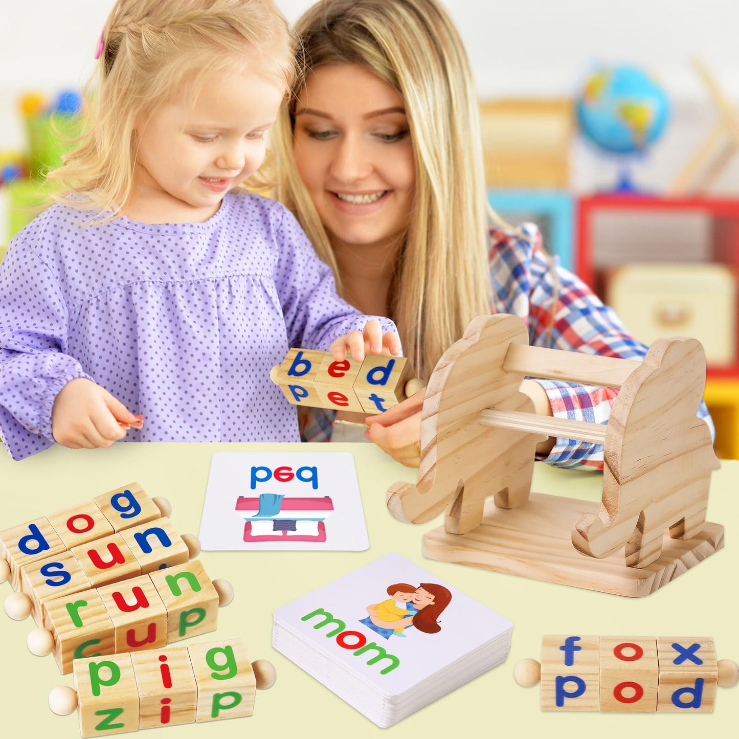 ShyLizard Montessori Reading Blocks – Wooden Vowel Blocks & Flash Cards for Toddlers (Ages 3-5)