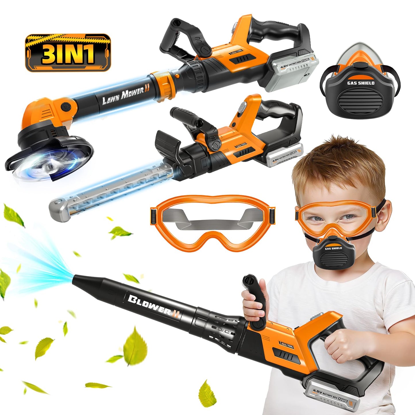 ShyLizard 3-in-1 Kids Tool Set with Lights & Sounds – Weed Wacker, Leaf Blower & Hedge Trimmer Toy