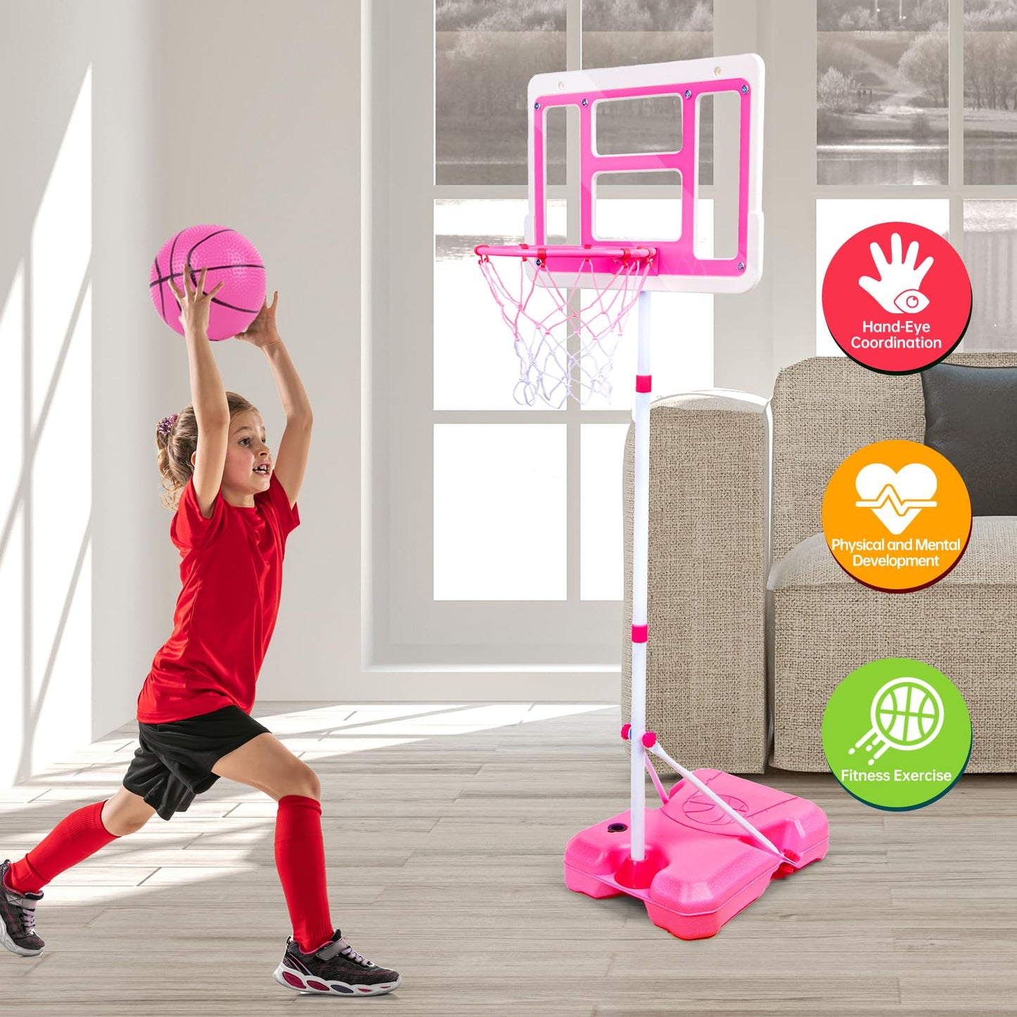 ShyLizard Kids Basketball Hoop with Stand - Adjustable Height 3.5-6.2 ft (Pink)