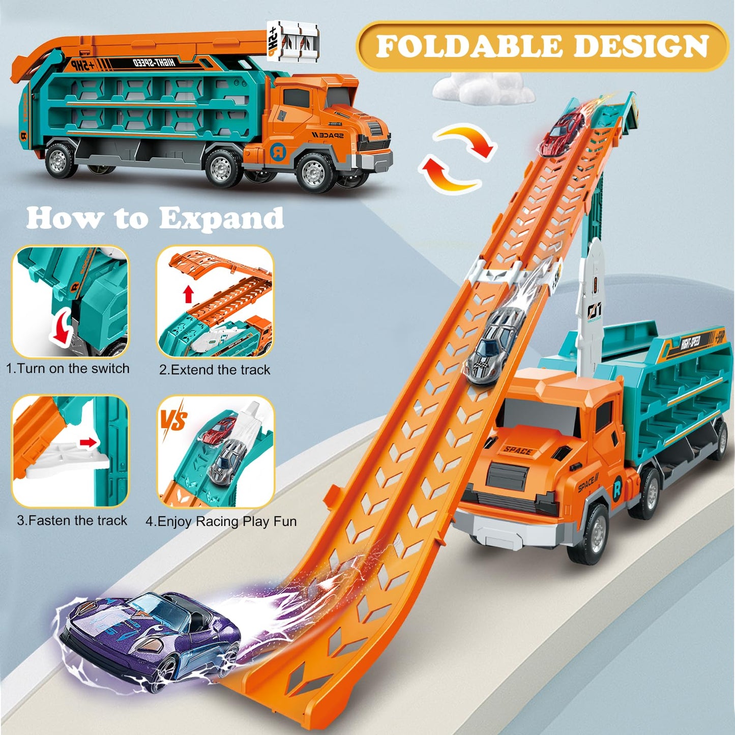 ShyLizard Toddler Car Carrier Truck Toys - Foldable Track, 6 Die-Cast Cars, 2.8ft Race Track, Gift for 3-8 Year Olds