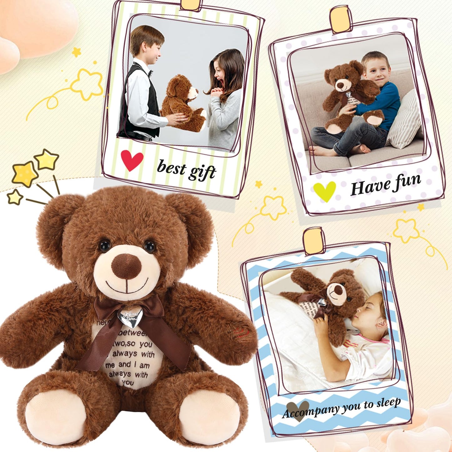 Silipull 12-Inch Bear with Voice Recorder – Photo Pendant Memorial Plush Gift (Dark Brown)