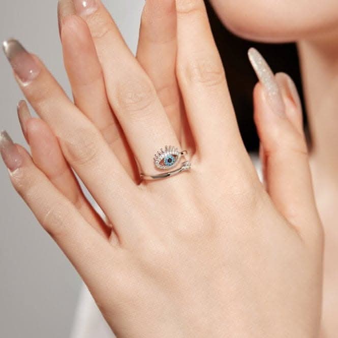Silver Rhodium Plated Sparkling Zirconia Adjustable Blue Evil Eye Ring ERLR013