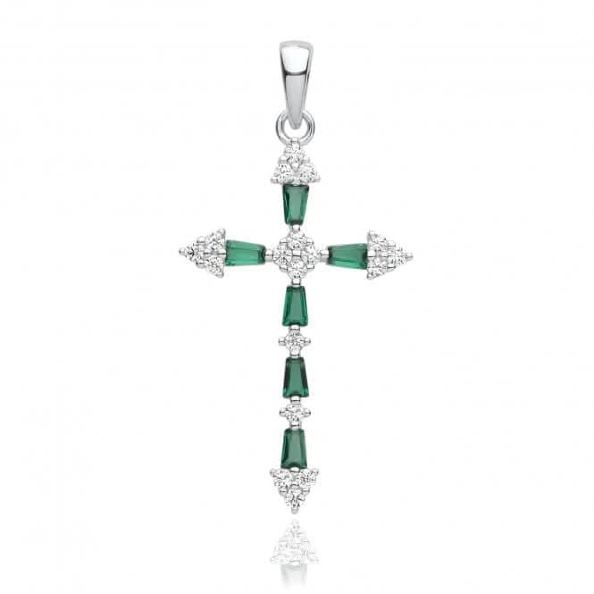 Acotis Silver Pendant Rhodium Plated Zirconia Cross Green G61131E